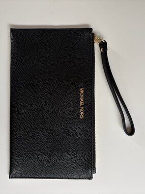 MICHAEL KORS Black Jet Set Travel Large Pebbled Leather Wristlet Pouch